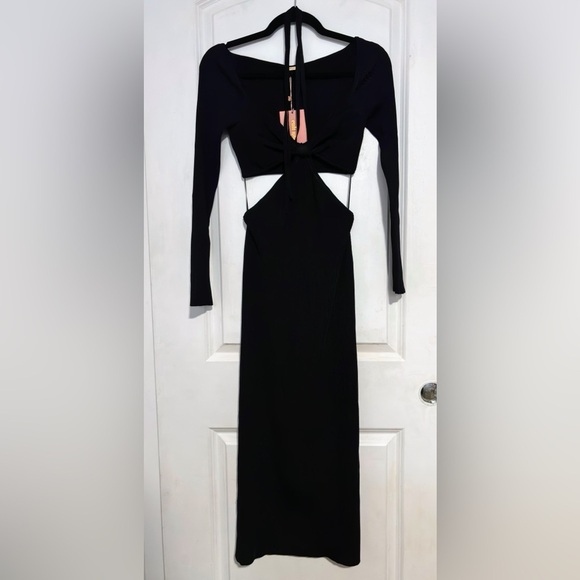 Cult Gaia Enzo Ribbed Knit Maxi Dress cut out halter long sleeve black L - Picture 4 of 16